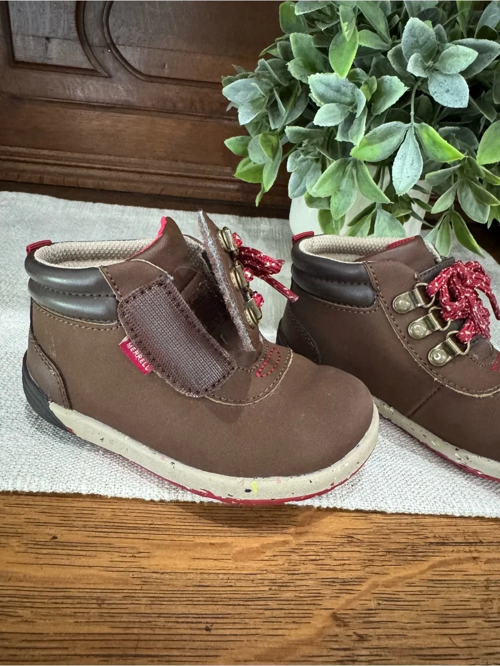 Merrell Brown Kids Hiking Boots with Red Laces